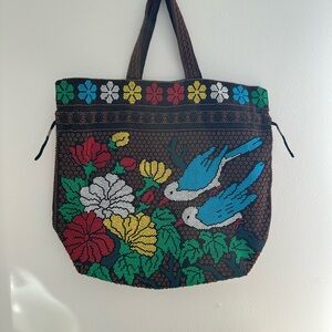 Brown and Red Floral Embroidered Tote Bag